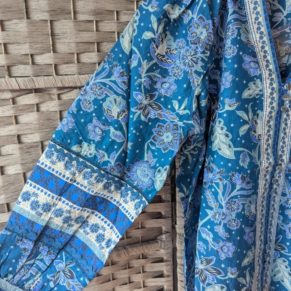 Sundance Arvilla Blue Floral Cotton Silk Blend Peasant Blouse Top Sz M Boho New - Picture 3 of 8